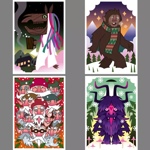 Pete Fowler festive card pack 2022 x 4