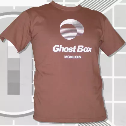 Ghost Box Heavyweight Cotton T-Shirt. White on brown cover