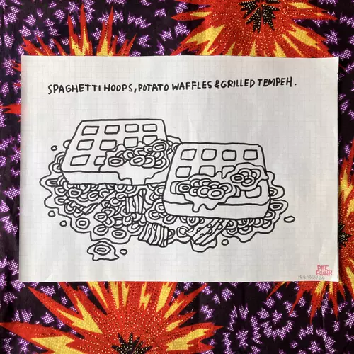Spaghetti hoops, potato waffles and grilled tempeh drawing