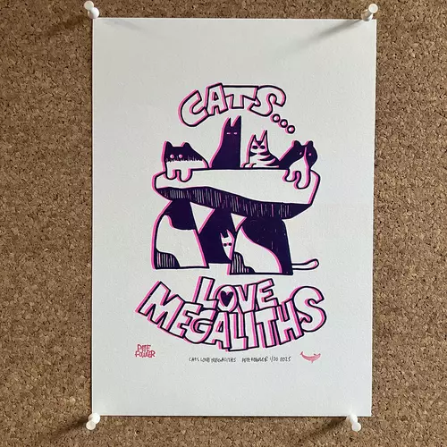 Cats Love Megaliths A4 pink and blue riso print