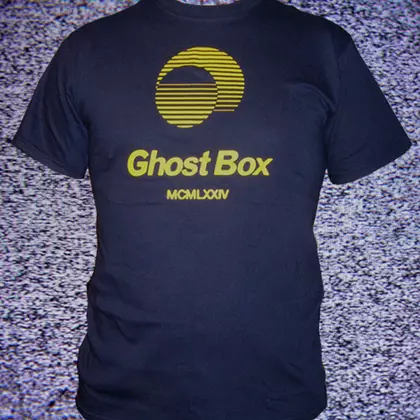 Ghost Box Heavyweight cotton T-shirt. Yellow on navy cover