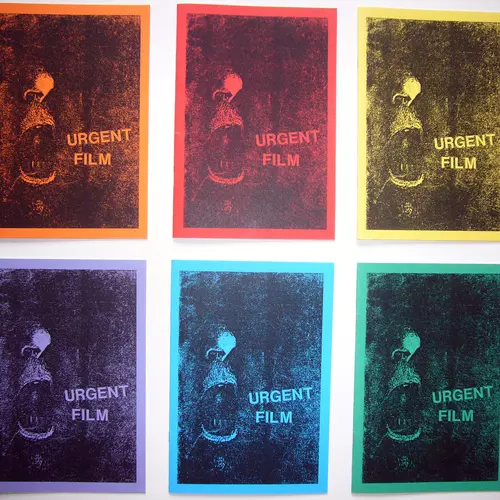 Jeff Keen, _Urgent Film_. Book of poems. 12 pages in printed wrappers (various colours). A5 format.