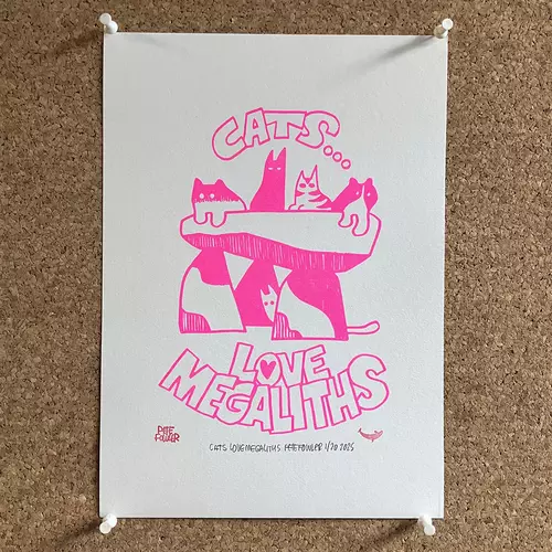 Cats Love Megaliths A4 pink riso print