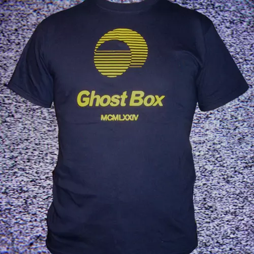 Ghost Box Heavyweight cotton T-shirt. Yellow on navy