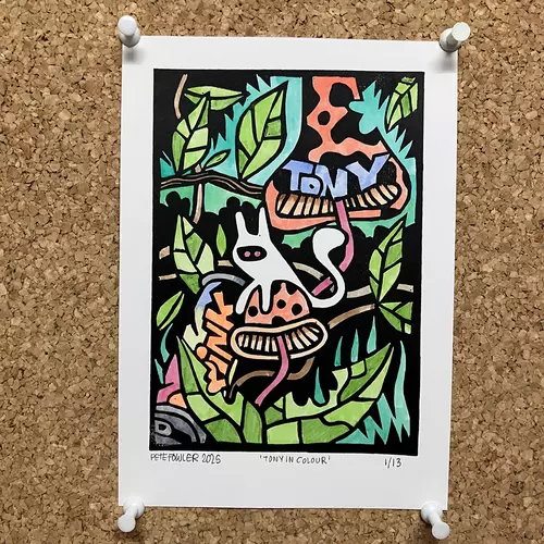 View full size Tony in colour lino print